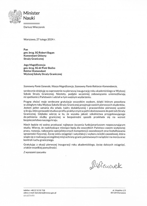 List gratulacyjny od Ministra Nauki  Dariusza Wieczorka z okazji Pierwszej Inauguracji Roku Akademickiego 