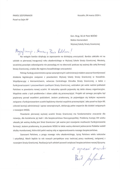 List gratulacyjny od Posła na Sejm RP  Pawła Szefernakera z okazji Pierwszej Inauguracji Roku Akademickiego 